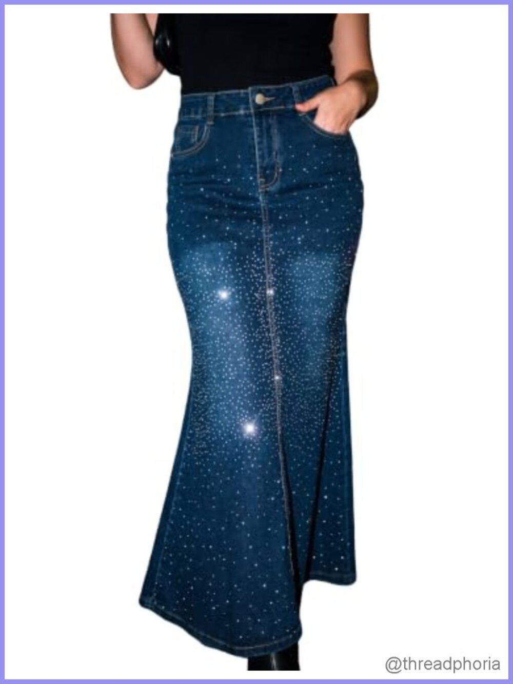 Flared Denim Maxi Skirt Rhinestone Embellished High Rise Mermaid Hem